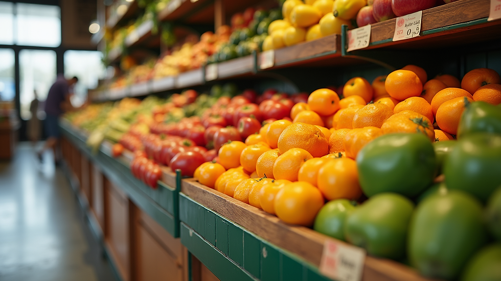 Eye-level view of a colorful fruit and vegetable display