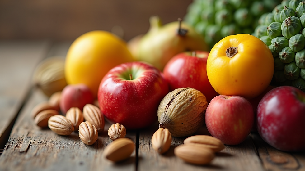 Close-up view of colorful fruits and nuts on a wooden table
