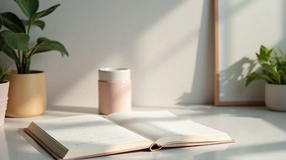 Eye-level view of a serene workspace with a wellness journal