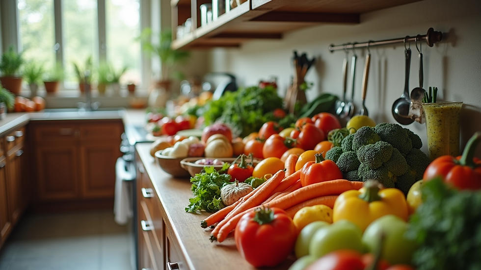 High angle view of a well organized kitchen filled with healthy foods