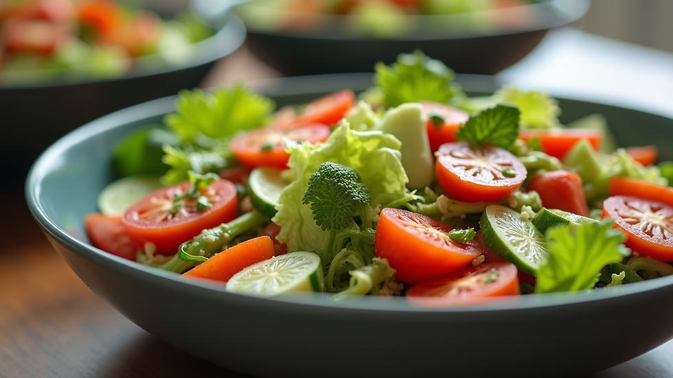 Close-up view of a colorful salad bowl