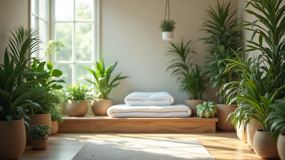 Eye-level view of tranquil wellness space filled with plants