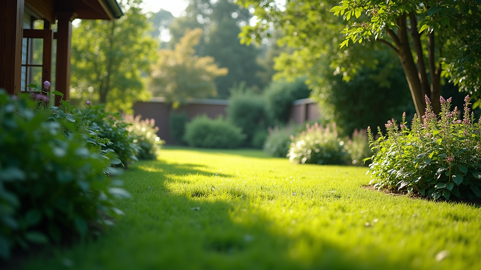 Eye-level view of a peaceful garden with greenery