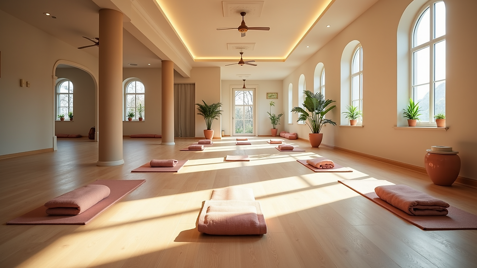 High angle view of a serene yoga studio filled with calming colors