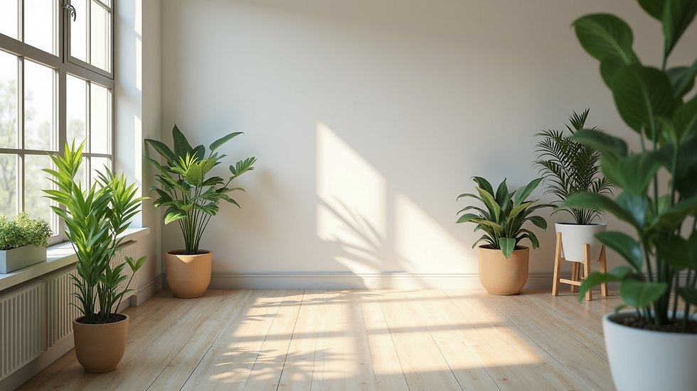 Wide angle view of a bright, inspiring office space with plants and wellness materials