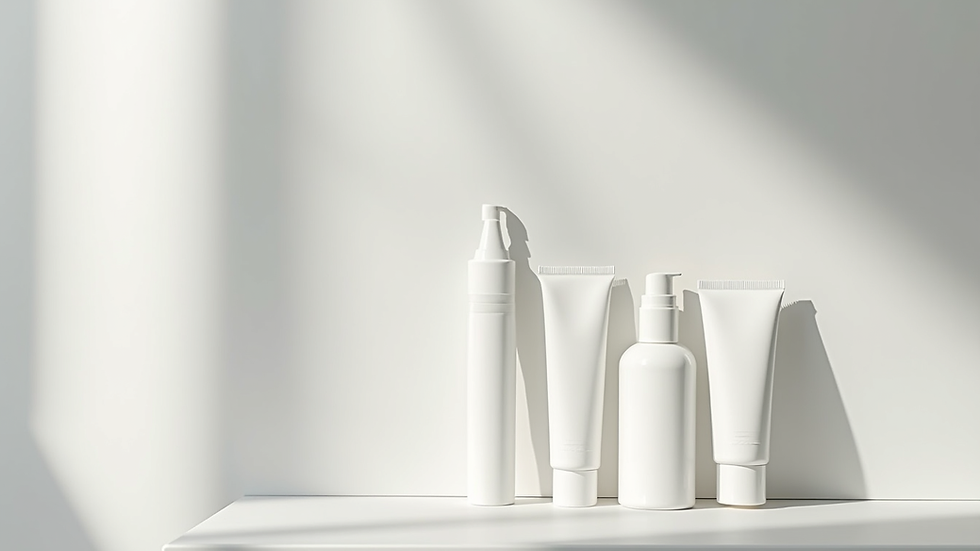 Close-up view of skincare products arranged on a white surface