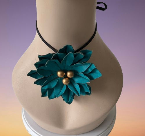 Leather Flower Necklace & Brooch-Handmade leather flowers