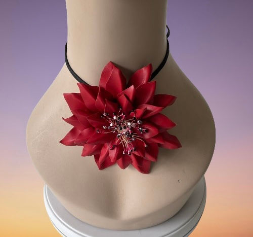 Leather Flower Necklace & Brooch-Handmade leather flowers