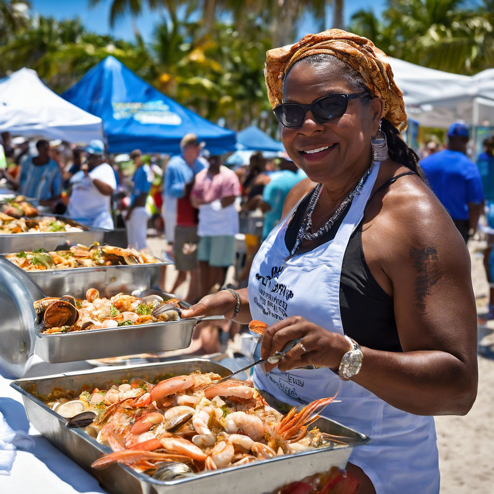 Eye-level view of food vendors showcasing colorful dishes and a vibrant festival atmosphere