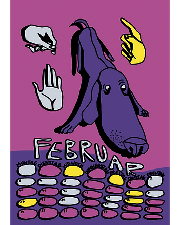 Dackel im Februar, lila pink gelb