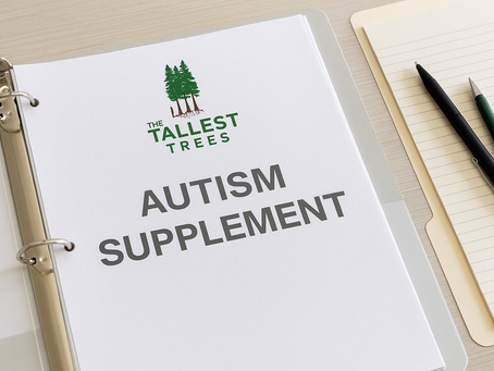 Open binder labeled ‘Autism Supplement’ on desk with The Tallest Trees logo.