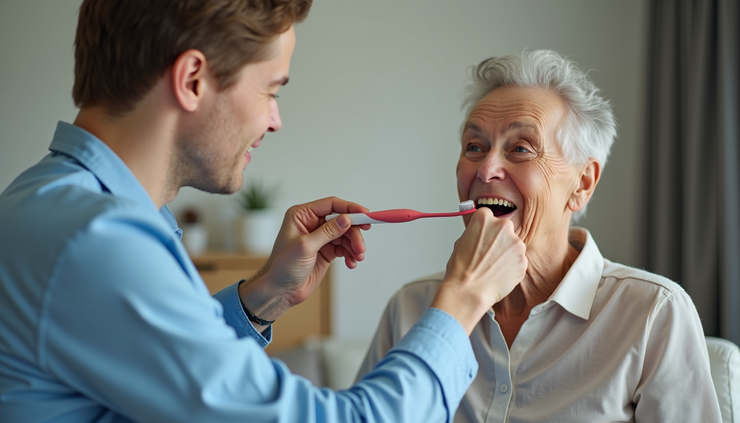 Close-up view of a caregiver assisting an elderly patient with oral hygiene at home