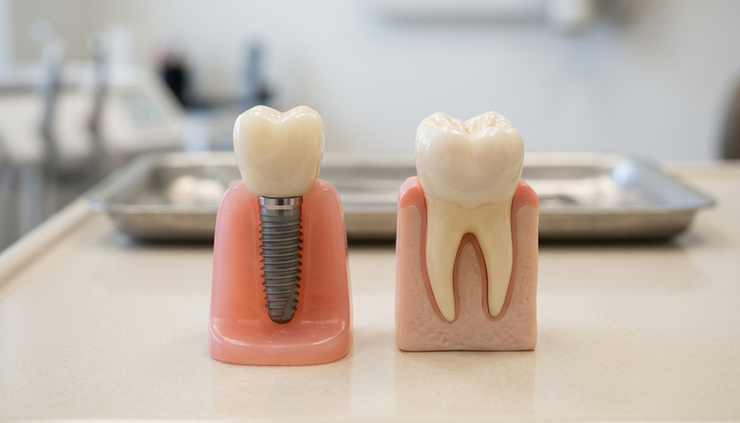 Eye-level view of a dental implant model beside a natural tooth model
