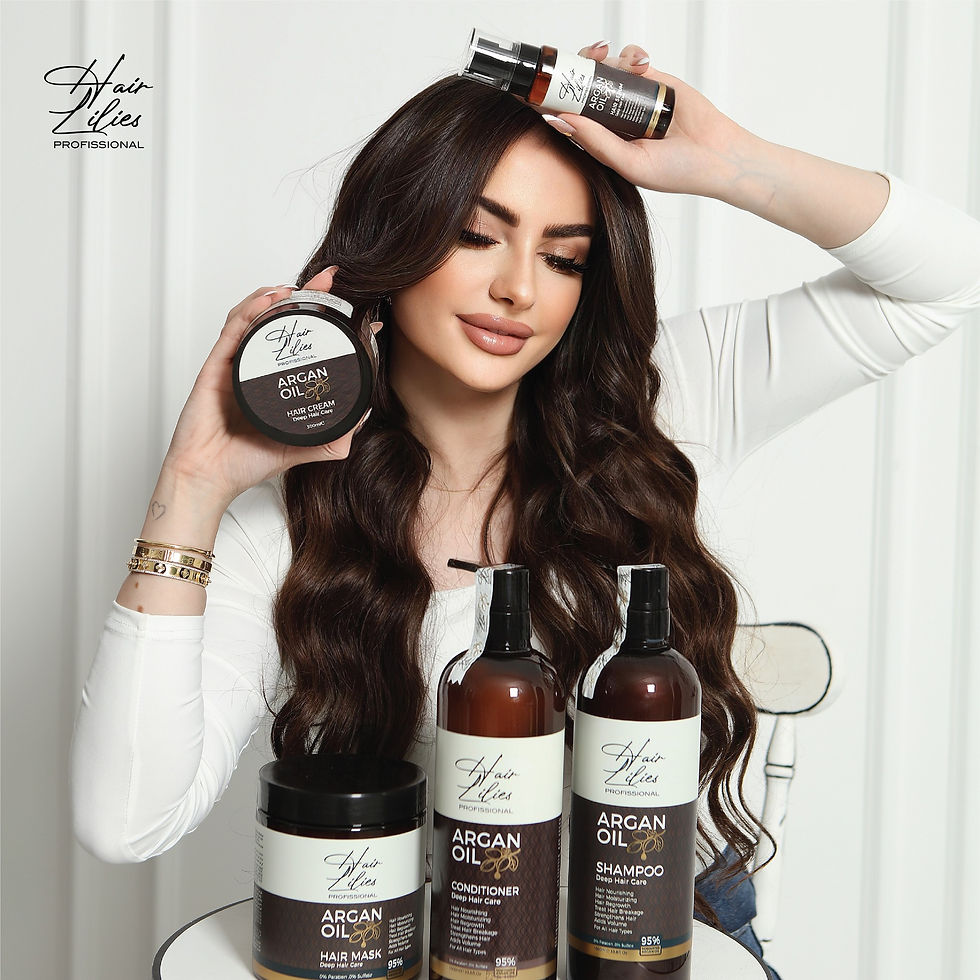 Smiling woman in haircare setting, expressing natural beauty and care through the brand's values.