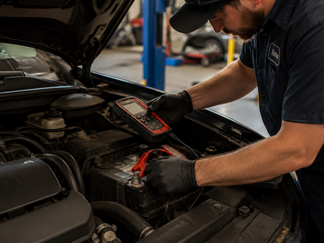 Mechanic in a garage tests a car battery with a handheld scanner under an open hood.