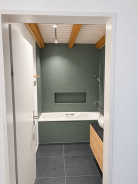 Blick durch die Badezimmertür auf eine Badewanne mit grünen Mosaikfliesen und rechteckiger Wandnische.