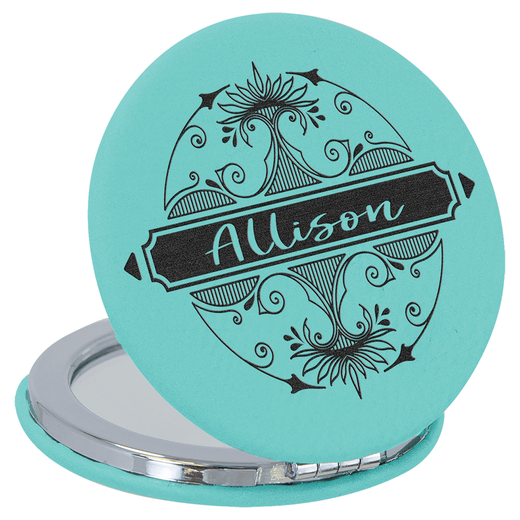 2 1/2" Teal Laserable Leatherette Compact Mirror