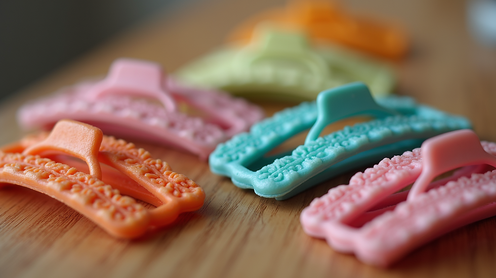 Close-up view of colourful hair clips arranged on a wooden table
