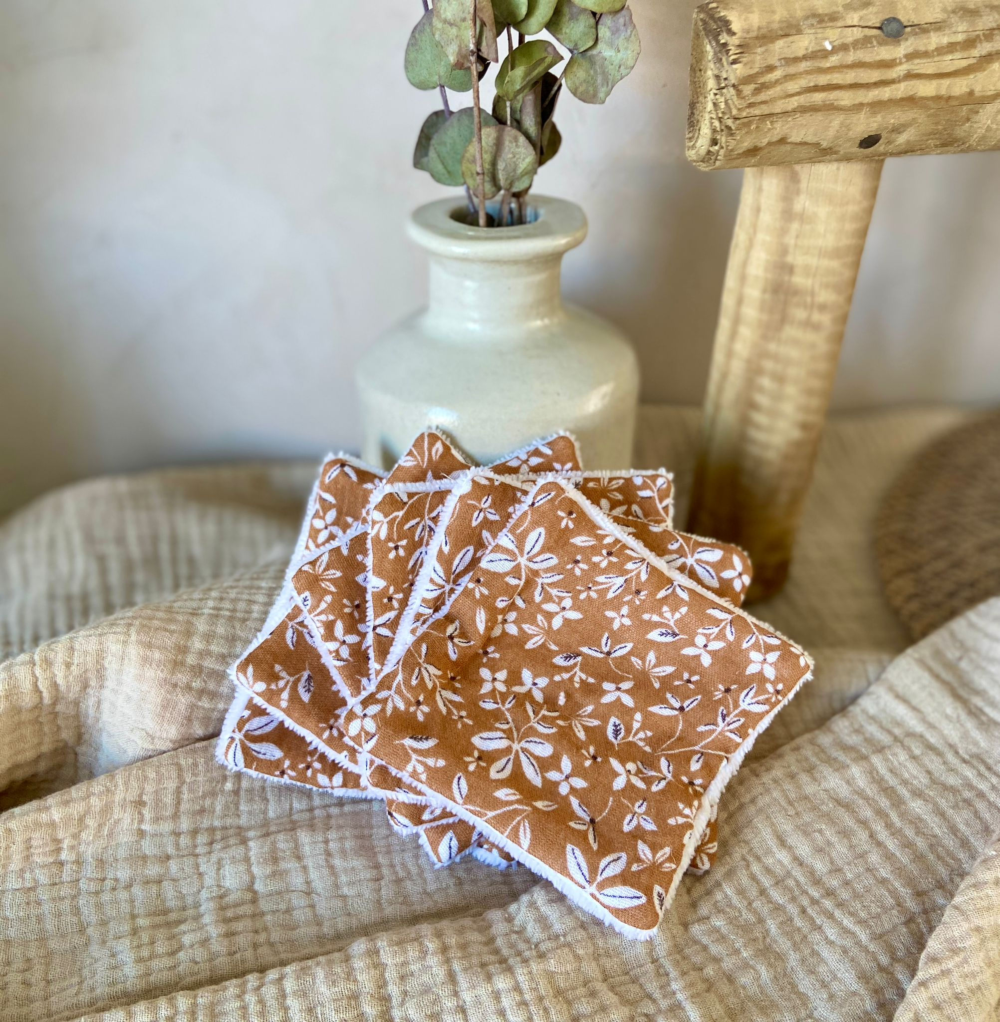 Lingettes réutilisables - Lot de 6 - Camel à fleurs blanches