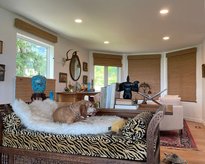 Woven wood shades in an eclectic living room