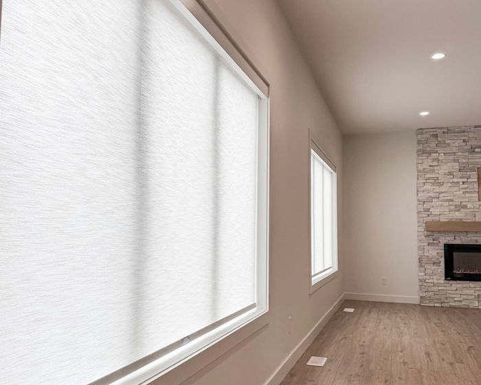 Light-filtering roller shades in a living room