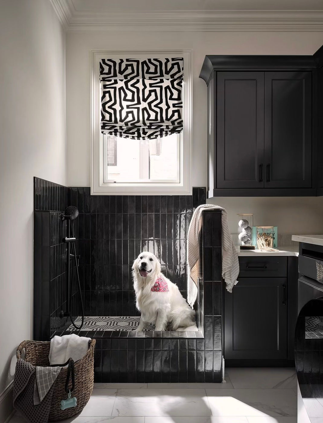 Bold patterned Roman shade in a laundry room