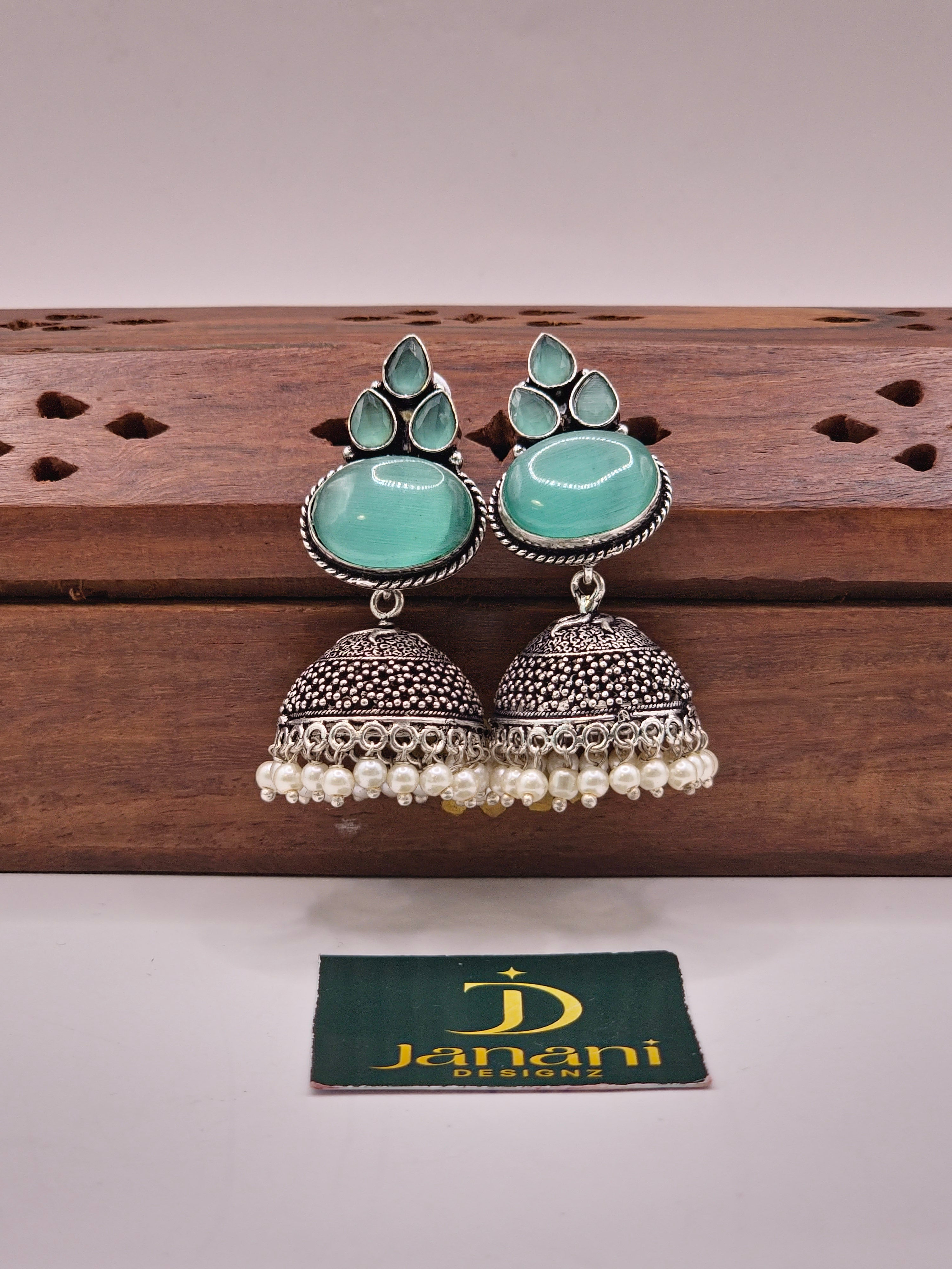 Oval Shaped Oxidised Jhumka with Monalisa stones and Pearl Hangings