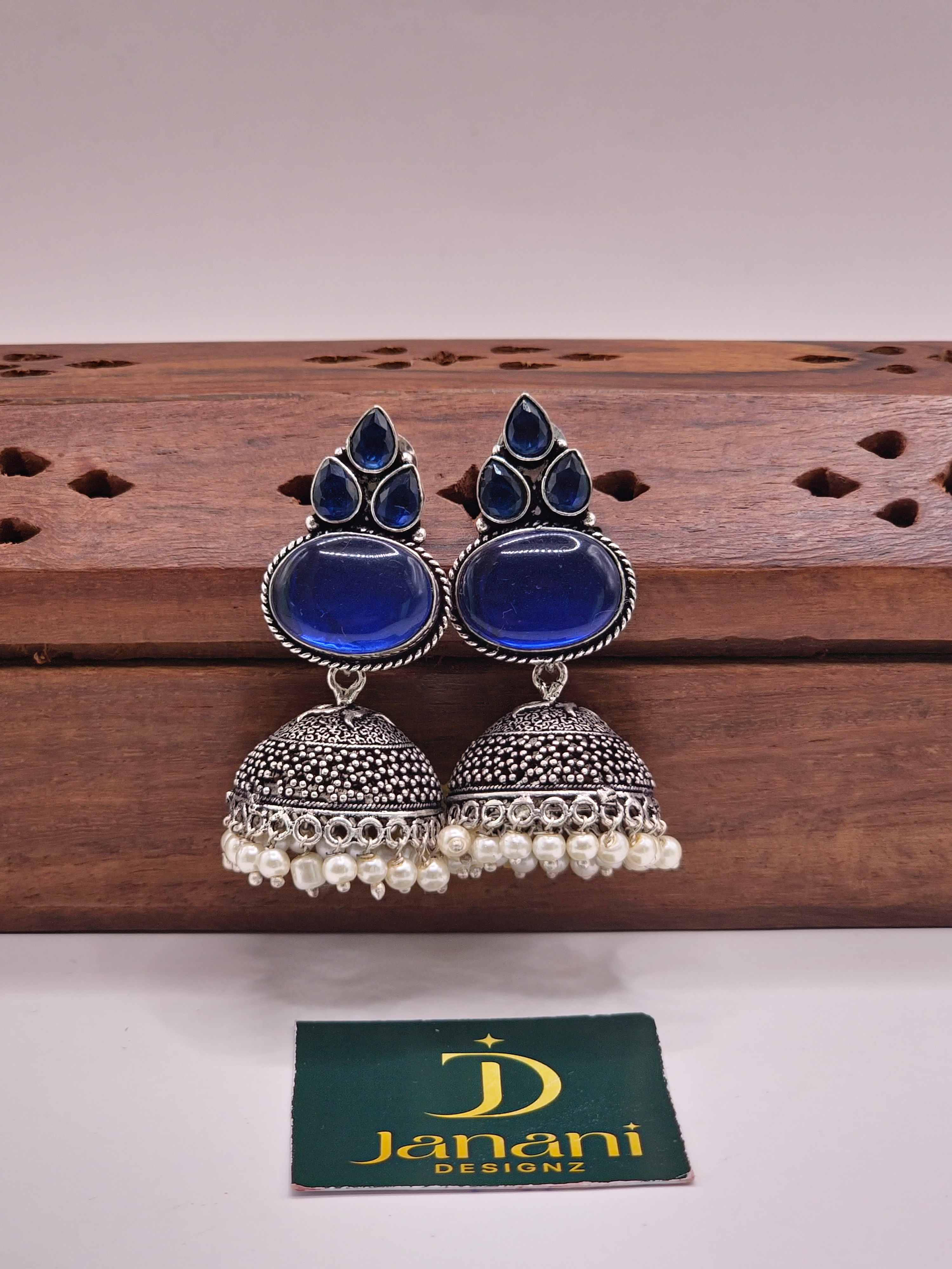 Oval Shaped Oxidised Jhumka with Monalisa stones and  Pearl Hangings