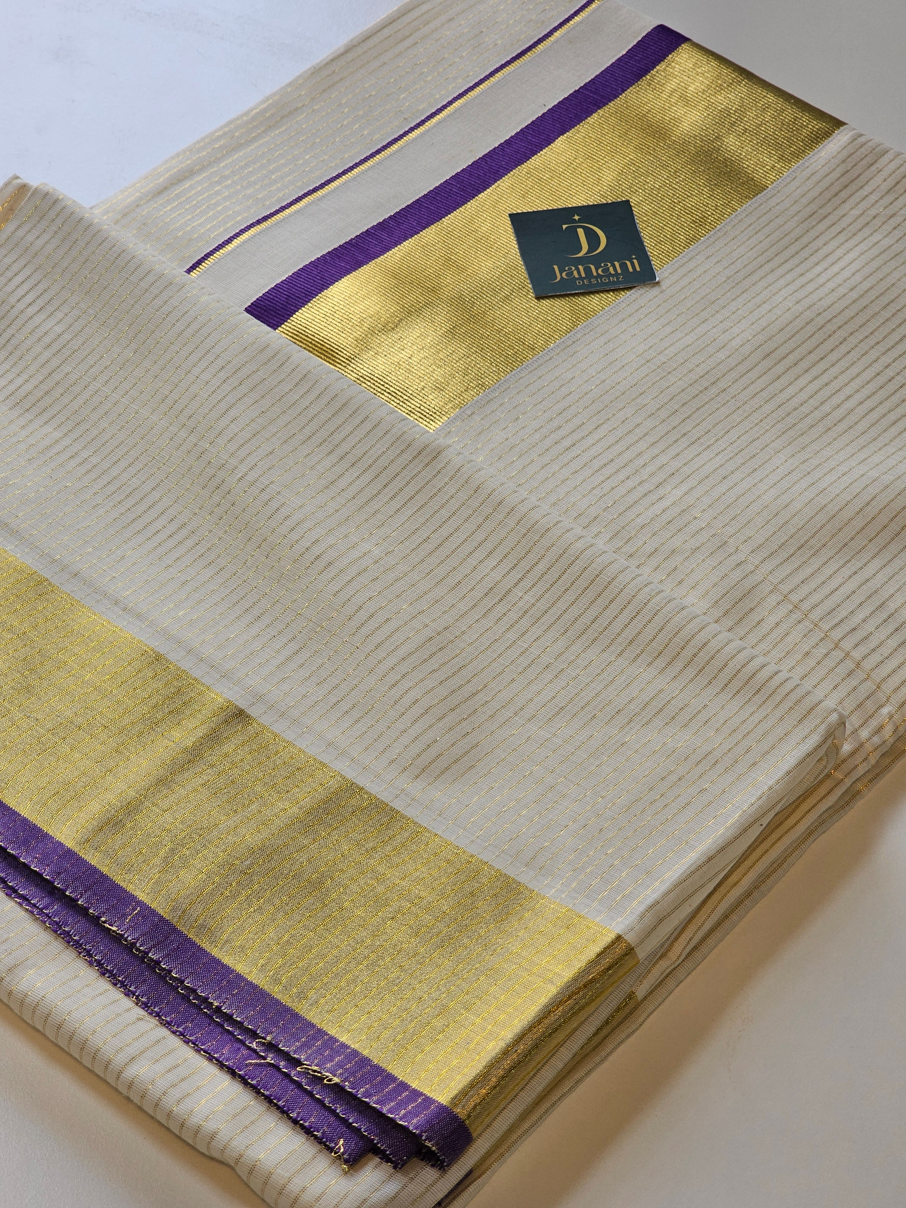 Purple and Golden Border Setsaree with Golden Stripes
