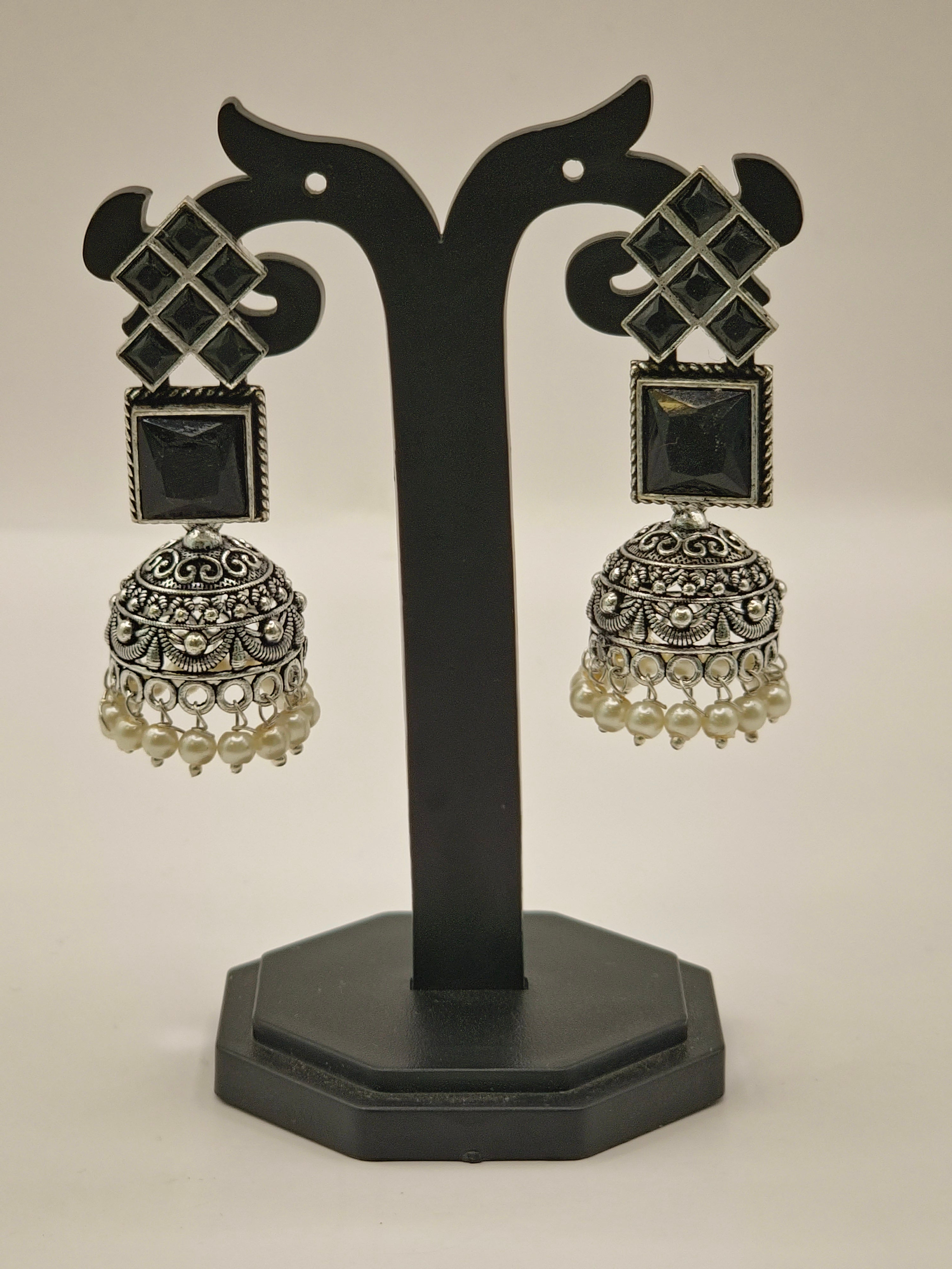Small Dimond and Square Shaped Oxidised Jhumka with Pearl Hangings