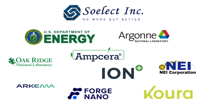 Collage of company logos: Soelect Inc, US Department of Energy, Argonne National Laboratory, Oak Ridge National Laboratory, Ampcera, NEI Corporation, Ion Storage Systems, Arkema, Forge Nano, Koura Global