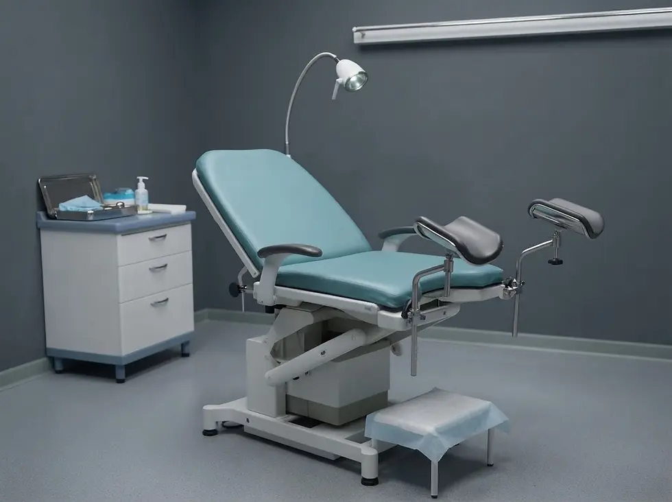 Studio photography of a modern medical examination table centered in a clean, clinical setting. The blue padded chair is equipped with stirrups and a focused examination light, creating a professional and sterile environment.