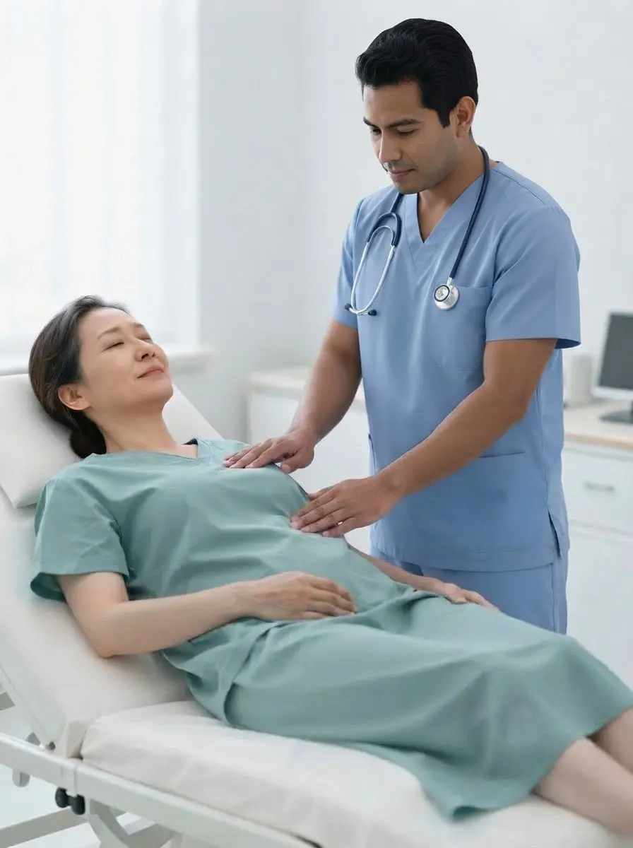 Studio photography showing a male doctor in blue scrubs performing a medical examination on a relaxed female patient in a clinical setting. The atmosphere is professional and calm.