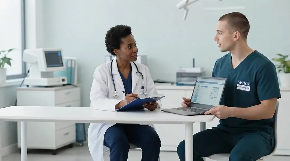 Studio photography of a doctor and a colleague reviewing information on a laptop in a bright clinical office. The atmosphere is professional and collaborative.