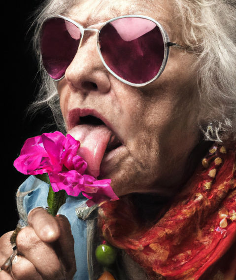 old white woman dressed in rock style licking a flower, portrait