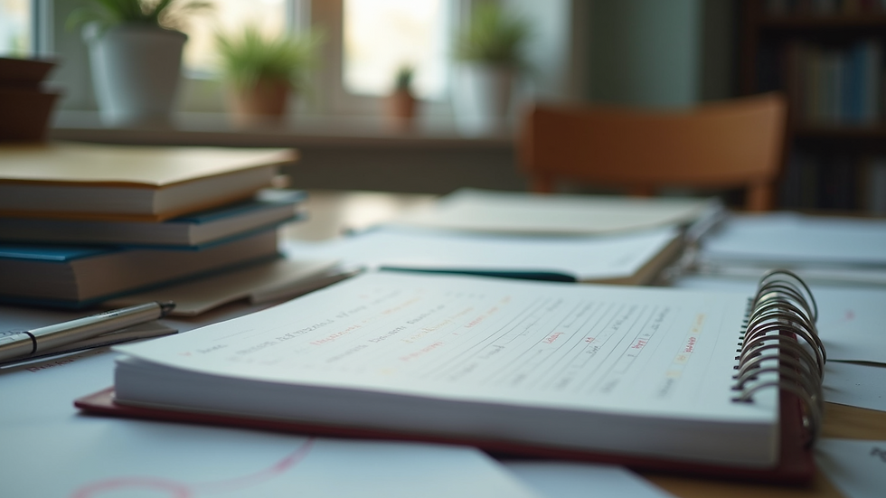Eye-level view of a desk cluttered with study materials and a planner