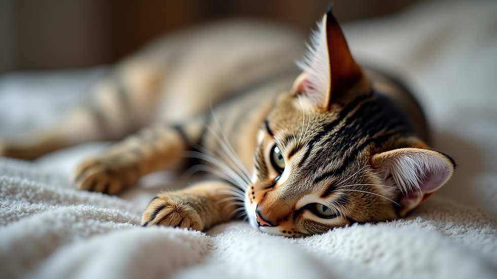 Close-up view of a relaxed cat lounging on a cozy blanket