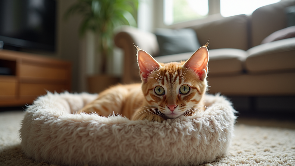 Eye-level view of a cozy cat bed in a living room setting