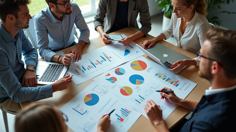 High angle view of a marketing team brainstorming with charts and laptops