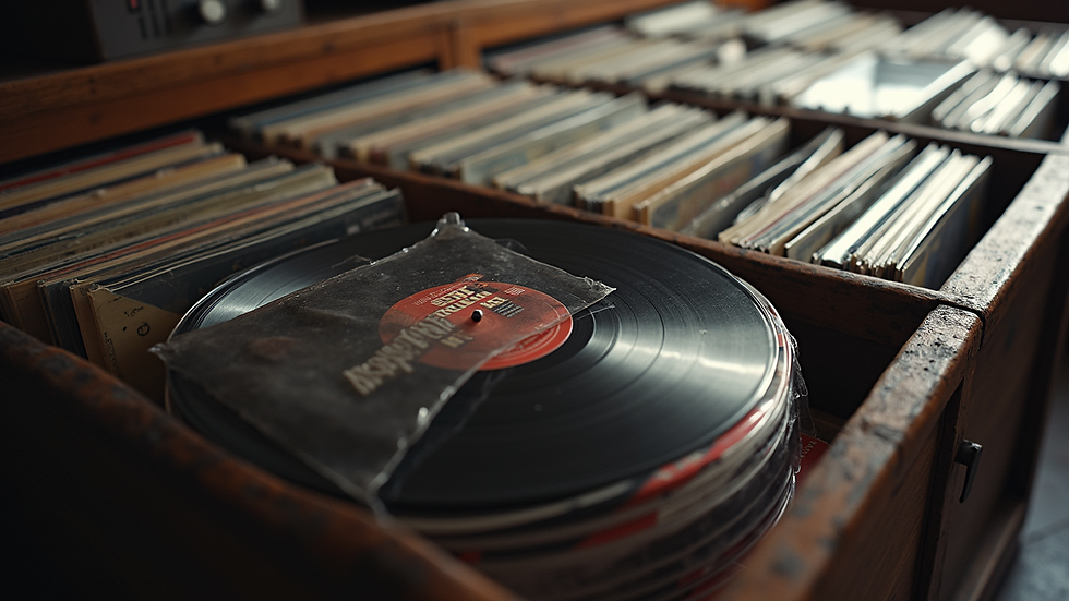 High angle view of vinyl records arranged by genre