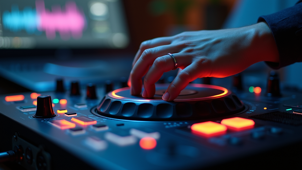 Close-up view of DJ controller with music software
