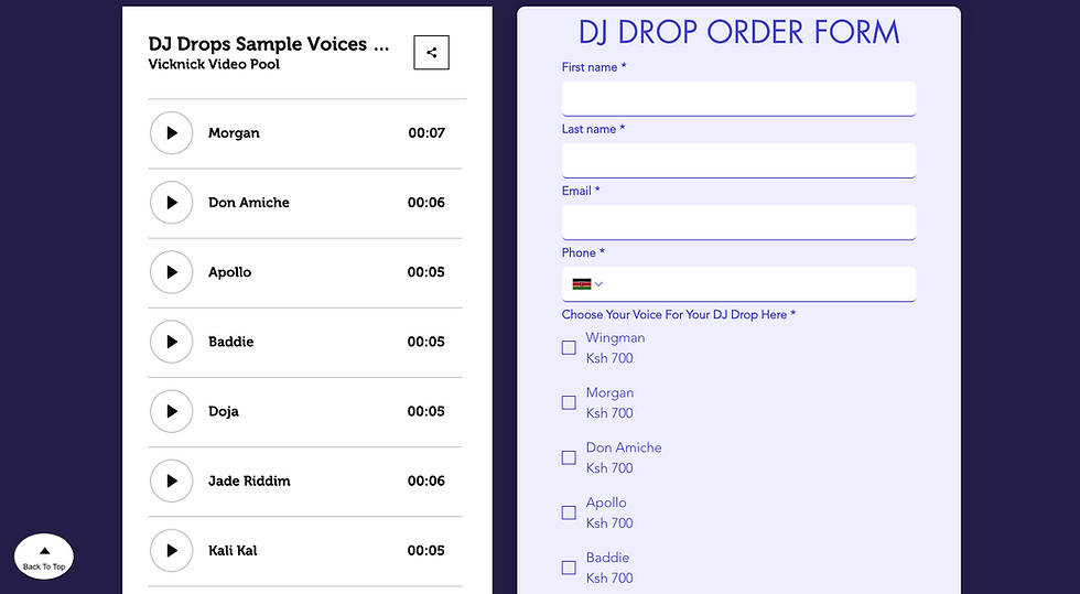 How to Order a DJ Drop on Vicknick Video Pool

If you’re a DJ looking to brand your name or need a clean, professional voice over, Vicknick Video Pool makes it easy.

Visit www.vicknickvideopool.com
 and wait for the page to fully load. From the menu bar, click DJ Drops Order, or use the DJ Drop button on the home page to access the order page.

On the left side, browse and preview available voice options to find the one that fits your brand. On the right side, fill in your details and write the exact DJ drop script you want recorded.

After completing your payment, you’ll receive an email confirmation and your DJ drop will be processed. Most DJ drops are delivered within 24 hours.

Important: DJ drops are only processed after successful payment.

Start branding your DJ name today with professional voice overs at
👉 www.vicknickvideopool.com
 🎚️🔥