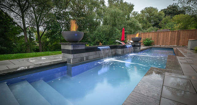 small pool ideas Oakville Ontario firepit waterfalls