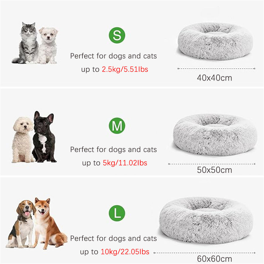 Thumbnail: Size guide for plush donut pet beds in S, M, and L.