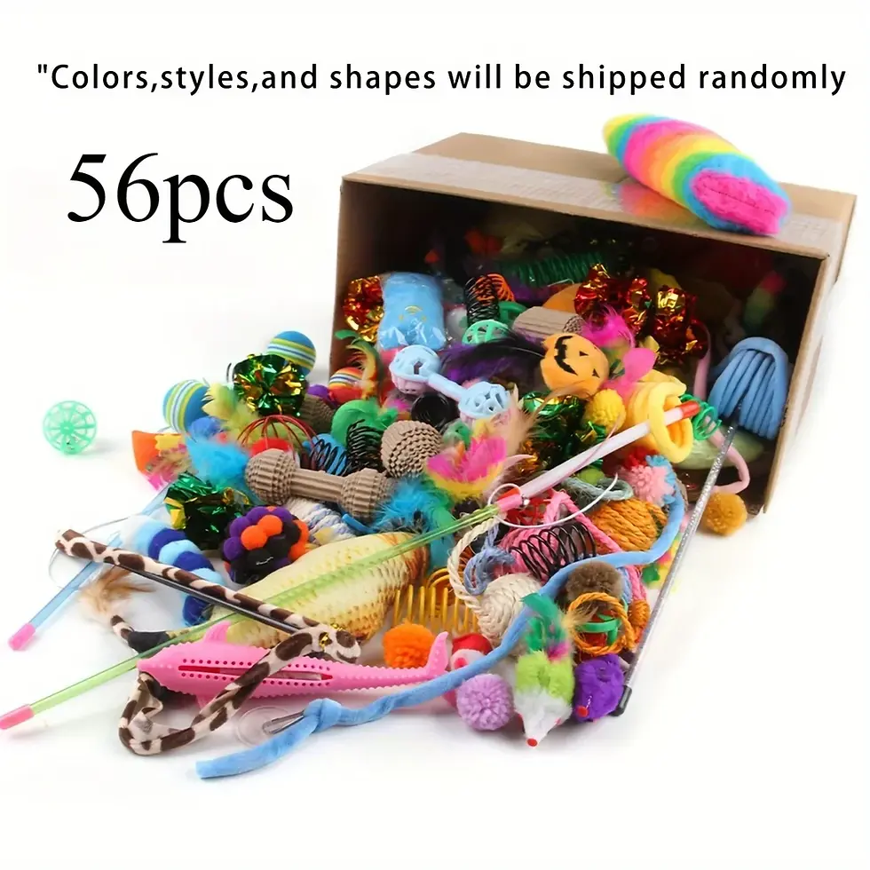 Thumbnail: 56-piece cat toys mixed pack spilling from a box