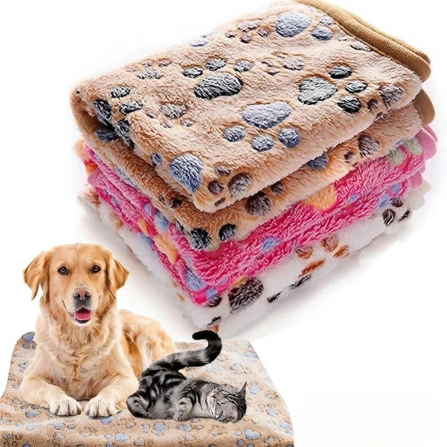 Stacked fluffy pet blankets with cartoon paw patterns.