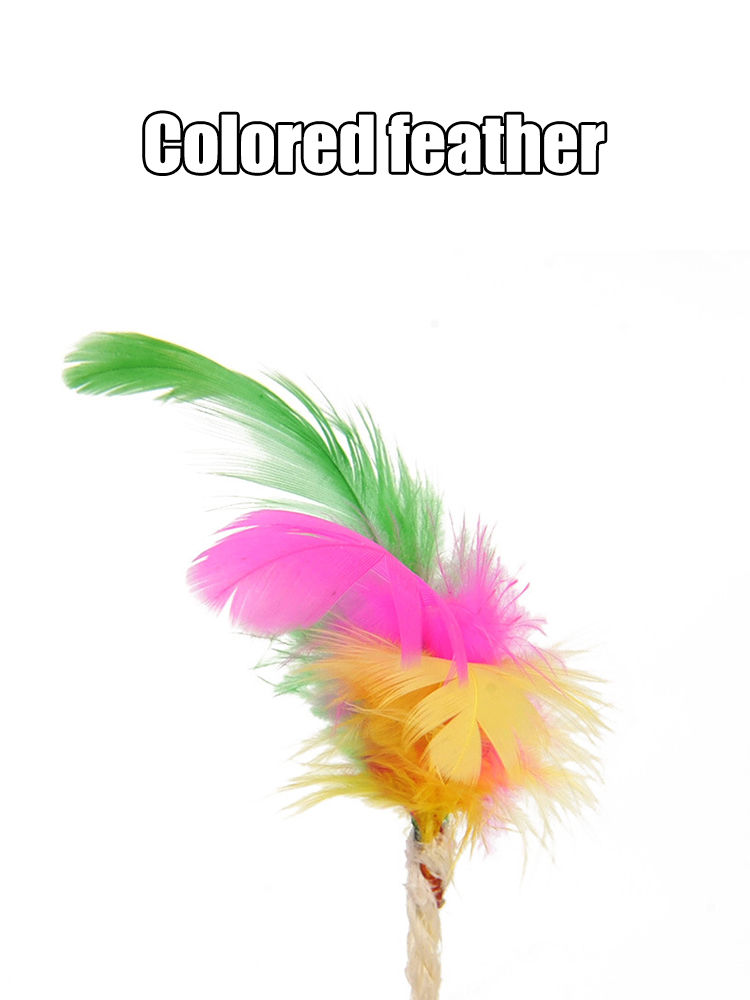 Thumbnail: Colored feathers on top of a sisal cat scratching toy