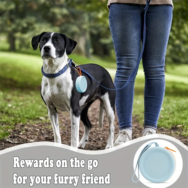 Thumbnail: Black and white dog on a leash with a silicone treat pouch.