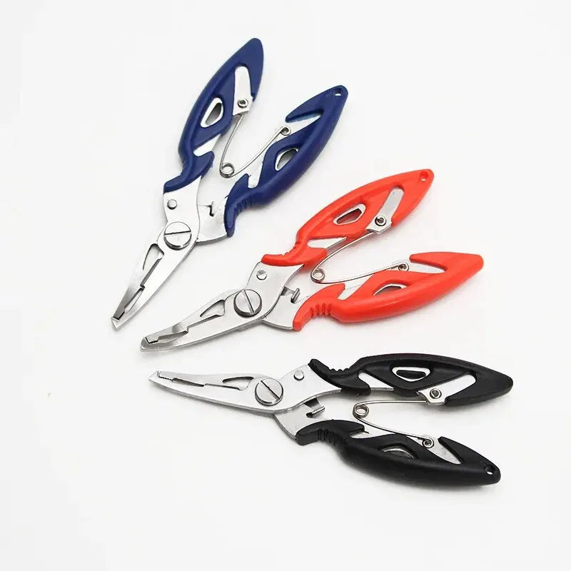 Thumbnail: Stainless steel fishing pliers in blue, red, and black.