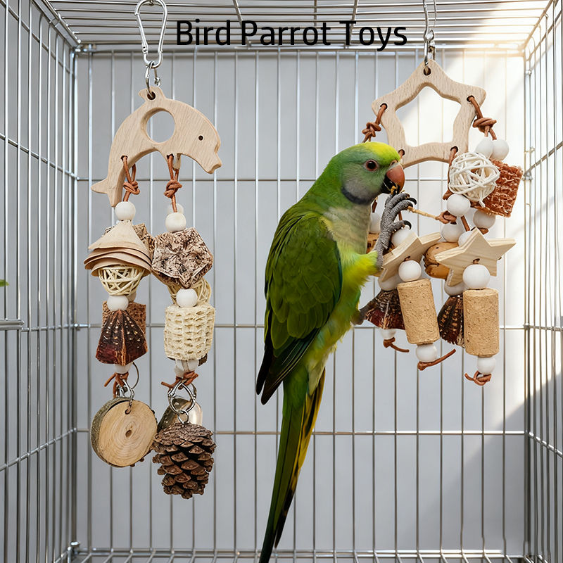 Green parrot playing with natural wooden fruit bird toys